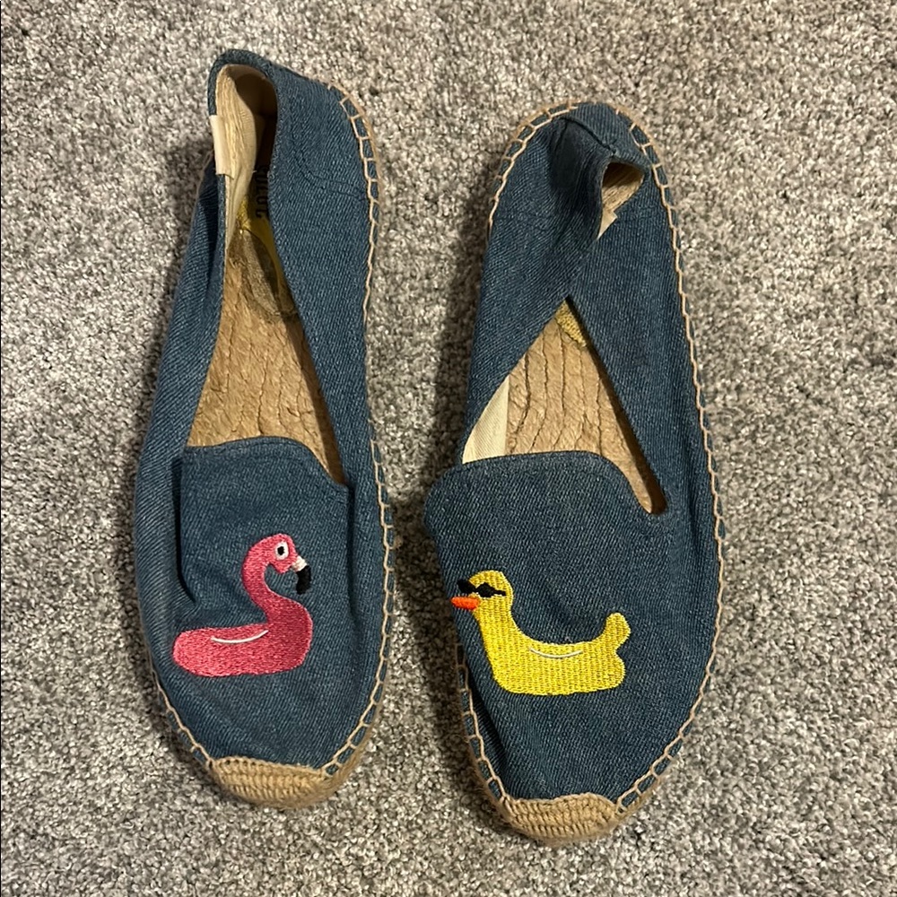 Soludos x Mary Matson Blue Denim Espadrilles w/ Flamingo and Duck Pool Floatie 9